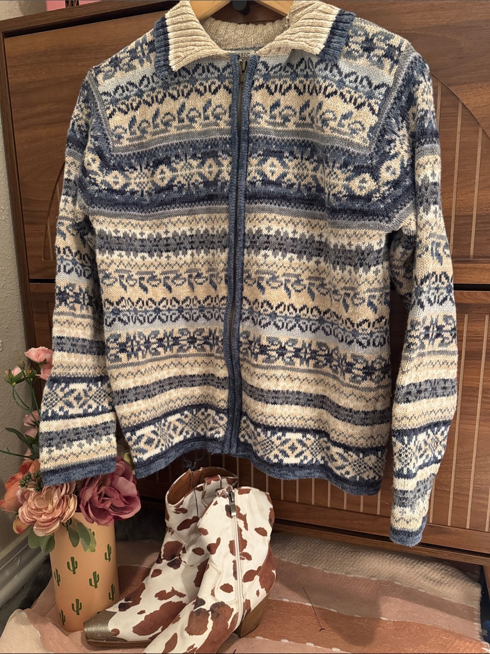 Grandma Core classic element cotton zip up winter sweater